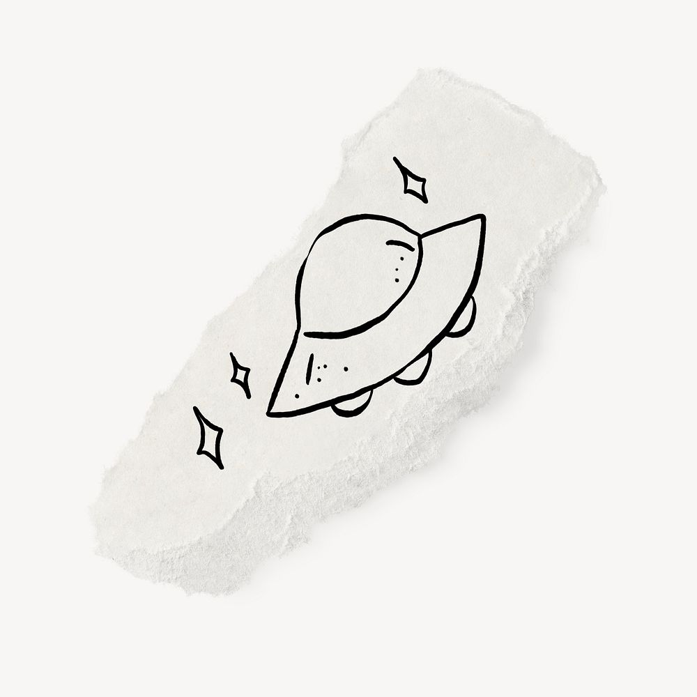 Cute UFO doodle, torn paper illustration, off white design psd