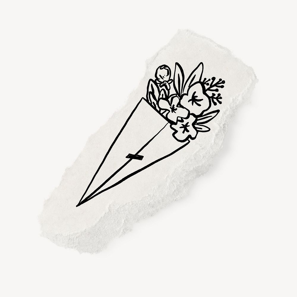 Cute bouquet doodle, ripped paper illustration, off white design