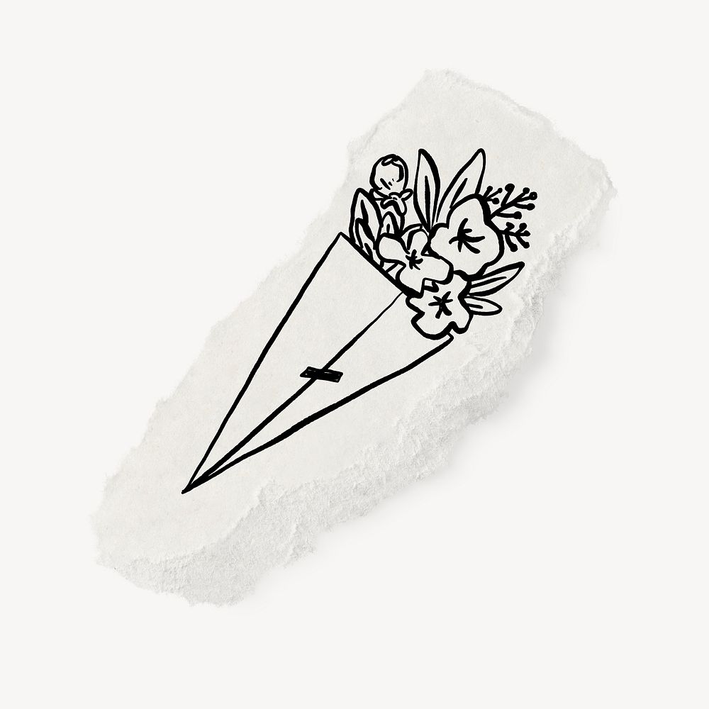 Cute bouquet doodle, torn paper, illustration, off white design psd