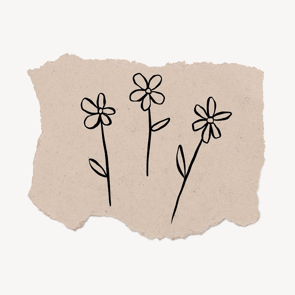 Cute flower doodle, torn paper, illustration psd
