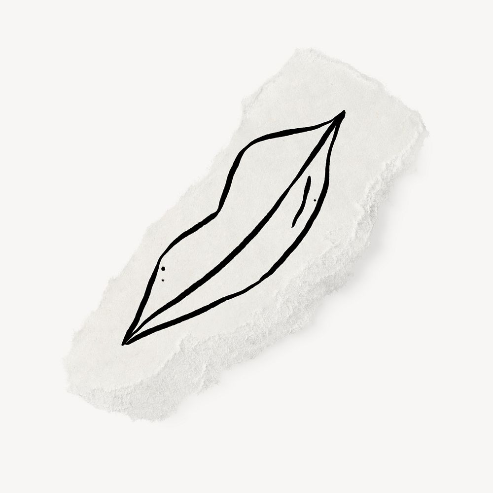Cute lips doodle, torn paper illustration, off white design psd