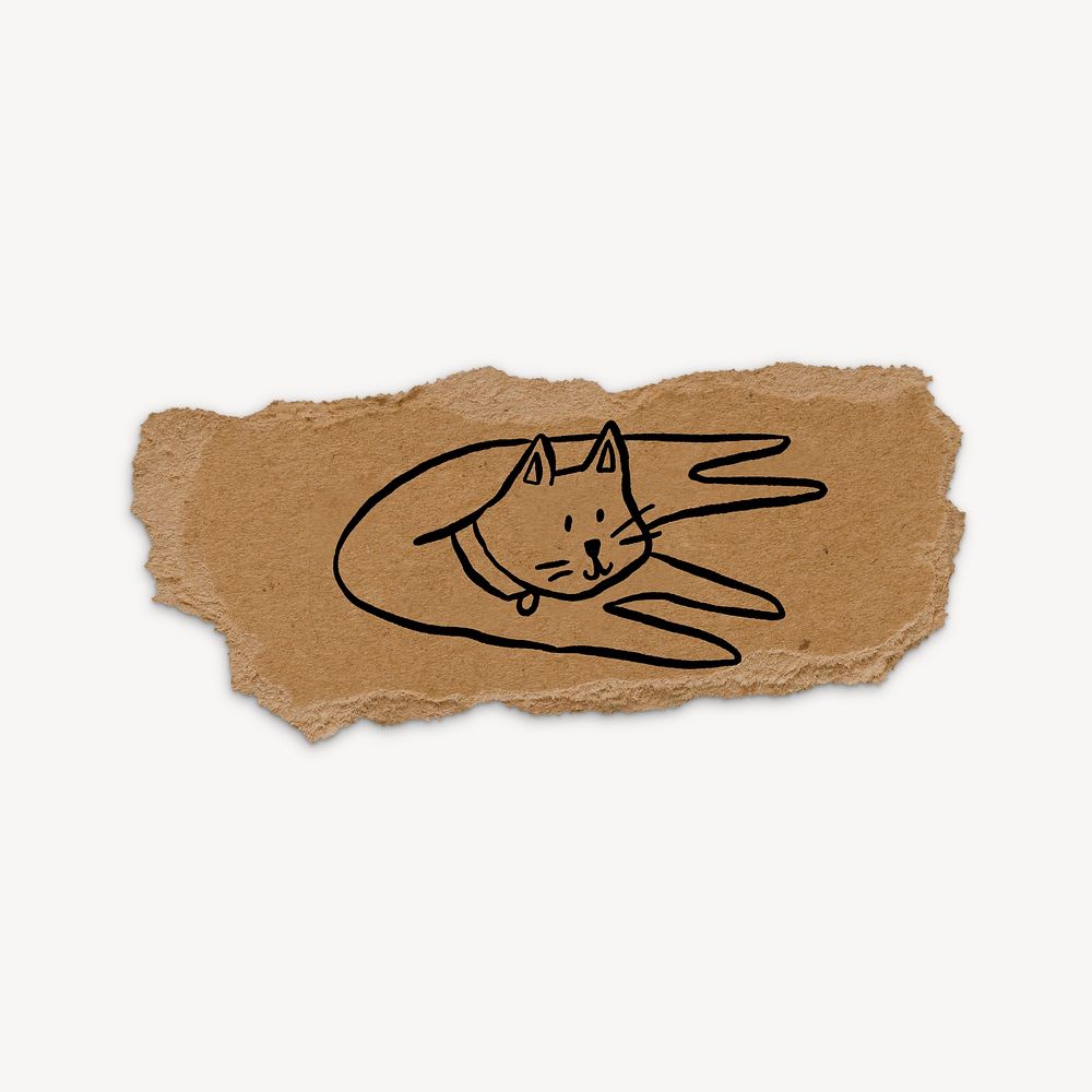 Cute cat doodle, ripped paper, brown design