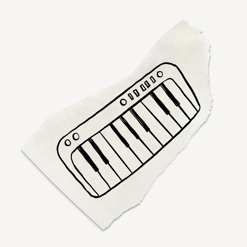 Cute piano doodle illustration, ripped paper, off white design