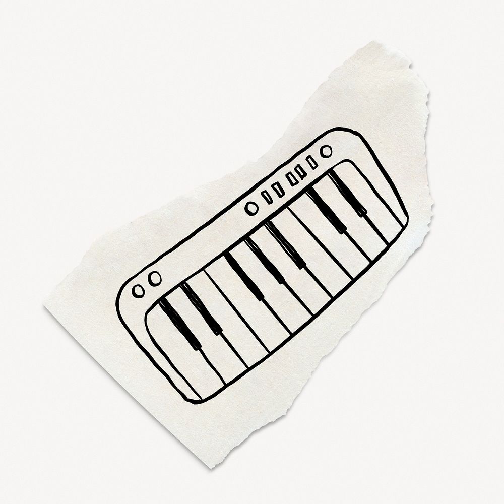 Cute piano png doodle, torn paper, illustration, off white design psd