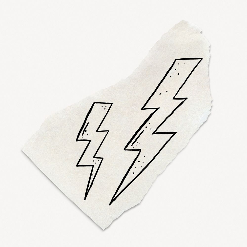 Cute lightning png doodle, torn paper, illustration, off white design psd