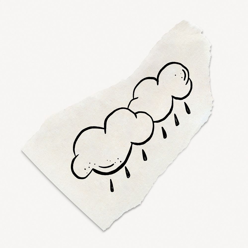 Cute rain cloud png doodle, torn paper, illustration, off white design psd