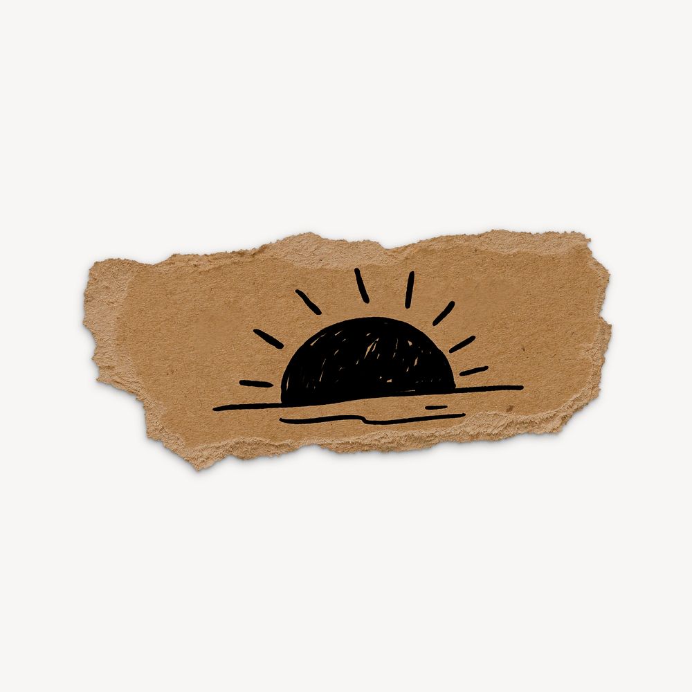 Sunset doodle, cute illustration, torn paper, brown design