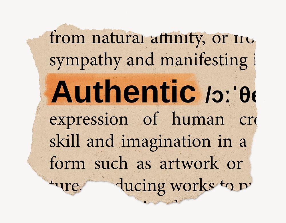 Authentic definition, ripped dictionary word, Ephemera torn paper