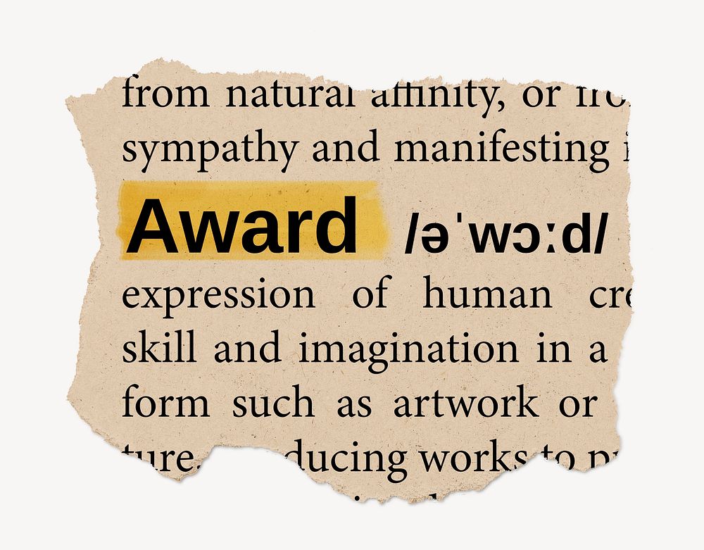 Award definition, ripped dictionary word, Ephemera torn paper