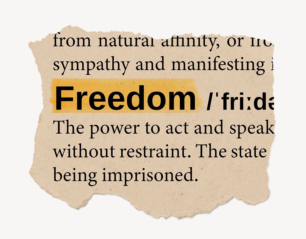 Freedom definition, ripped dictionary word, Ephemera torn paper
