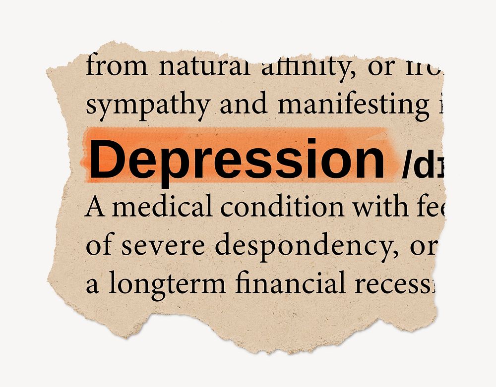 Depression definition, ripped dictionary word, Ephemera torn paper