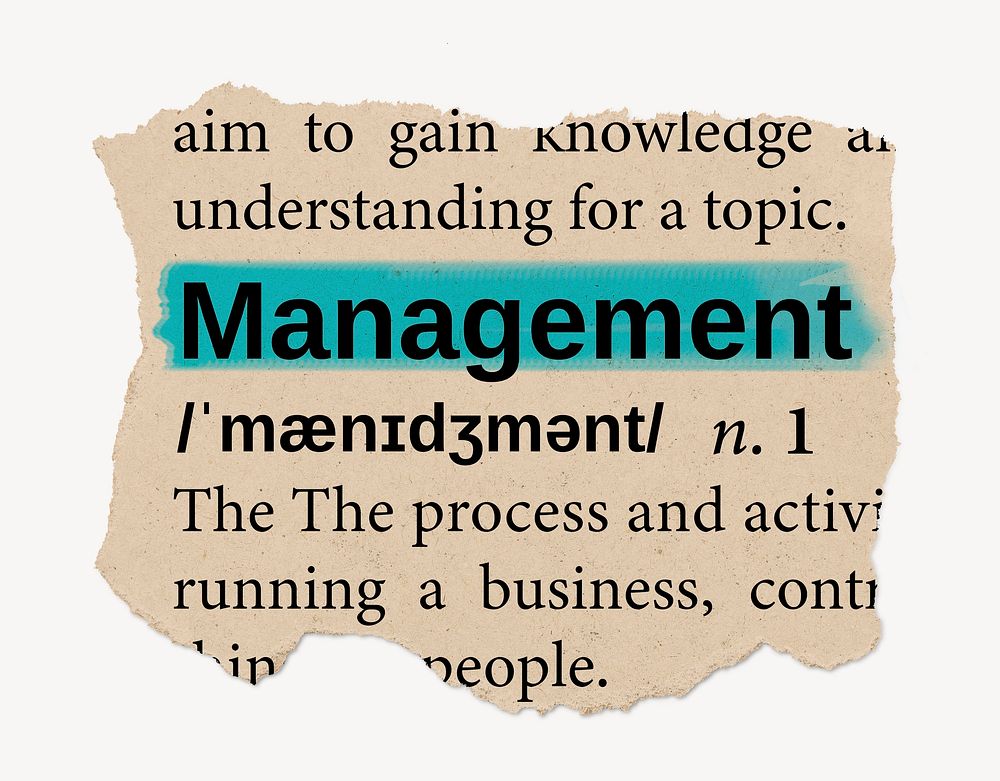 Management definition, ripped dictionary word, Ephemera torn paper