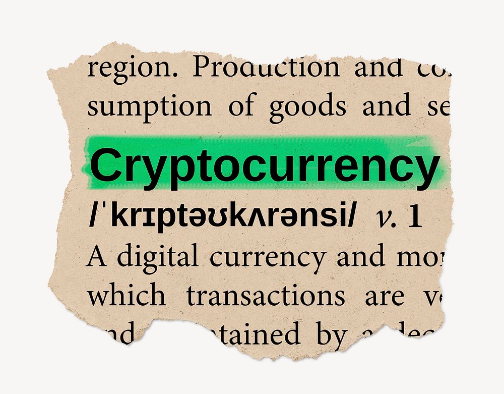 Cryptocurrency definition, ripped dictionary word, Ephemera torn paper