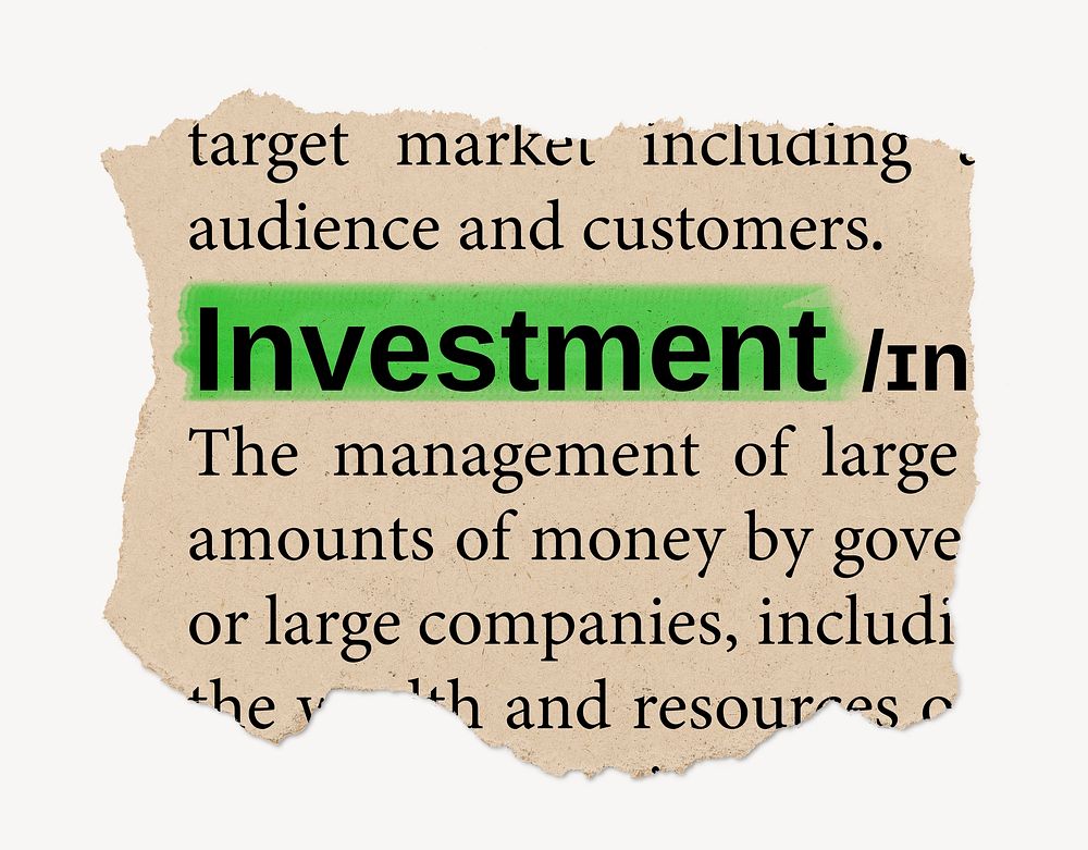 Investment definition, ripped dictionary word, Ephemera torn paper