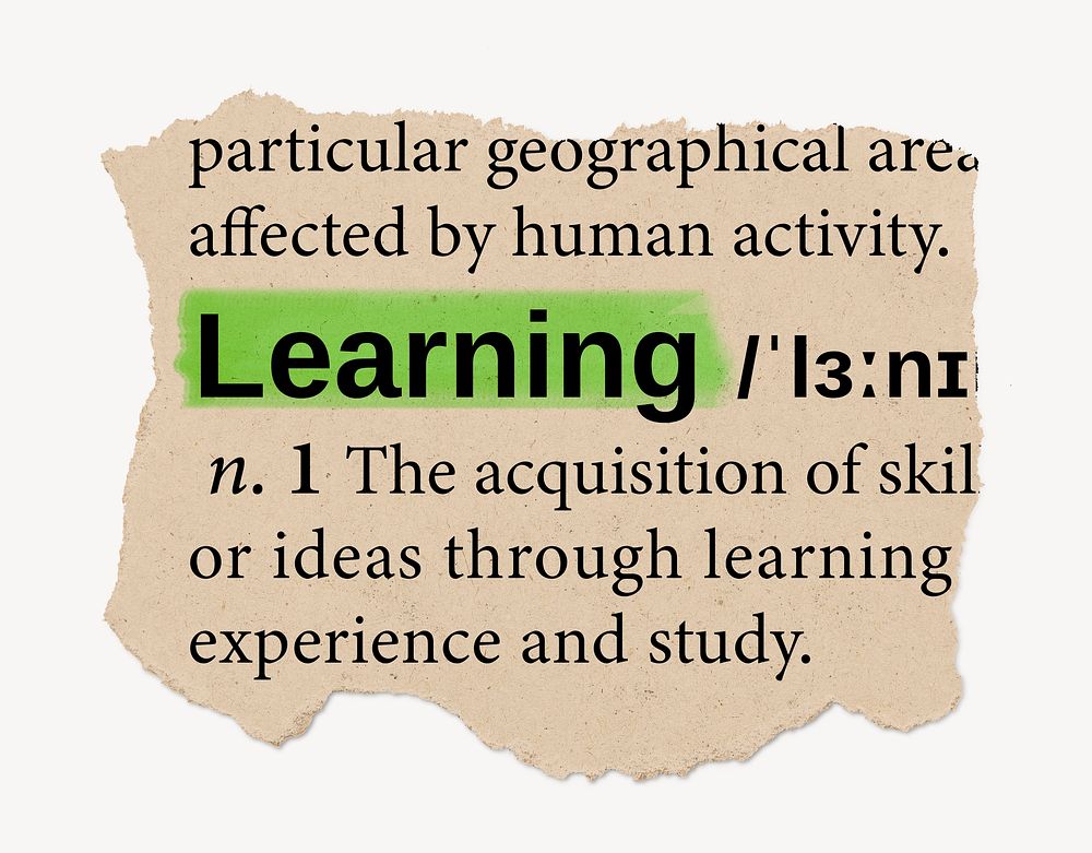 Learning definition, ripped dictionary word, Ephemera torn paper