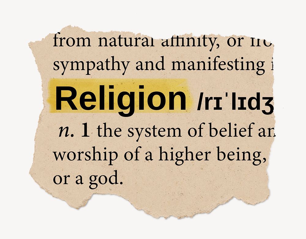 Religion definition, ripped dictionary word, Ephemera torn paper