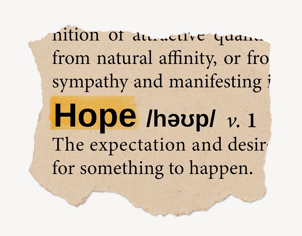 Hope definition, ripped dictionary word, Ephemera torn paper