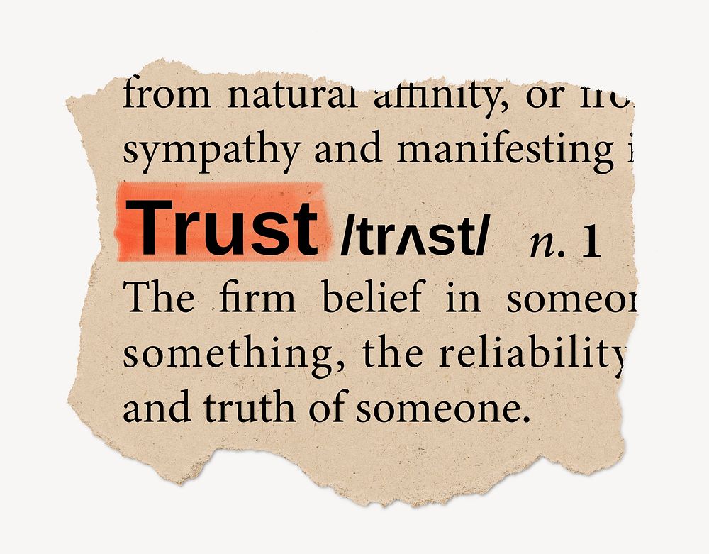 Trust definition, ripped dictionary word, Ephemera torn paper