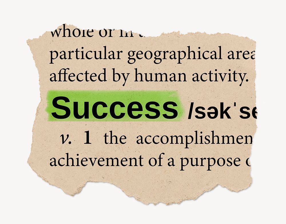 Success definition, ripped dictionary word, Ephemera torn paper