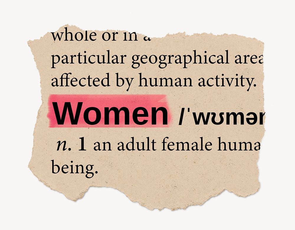 Woman definition, ripped dictionary word, Ephemera torn paper