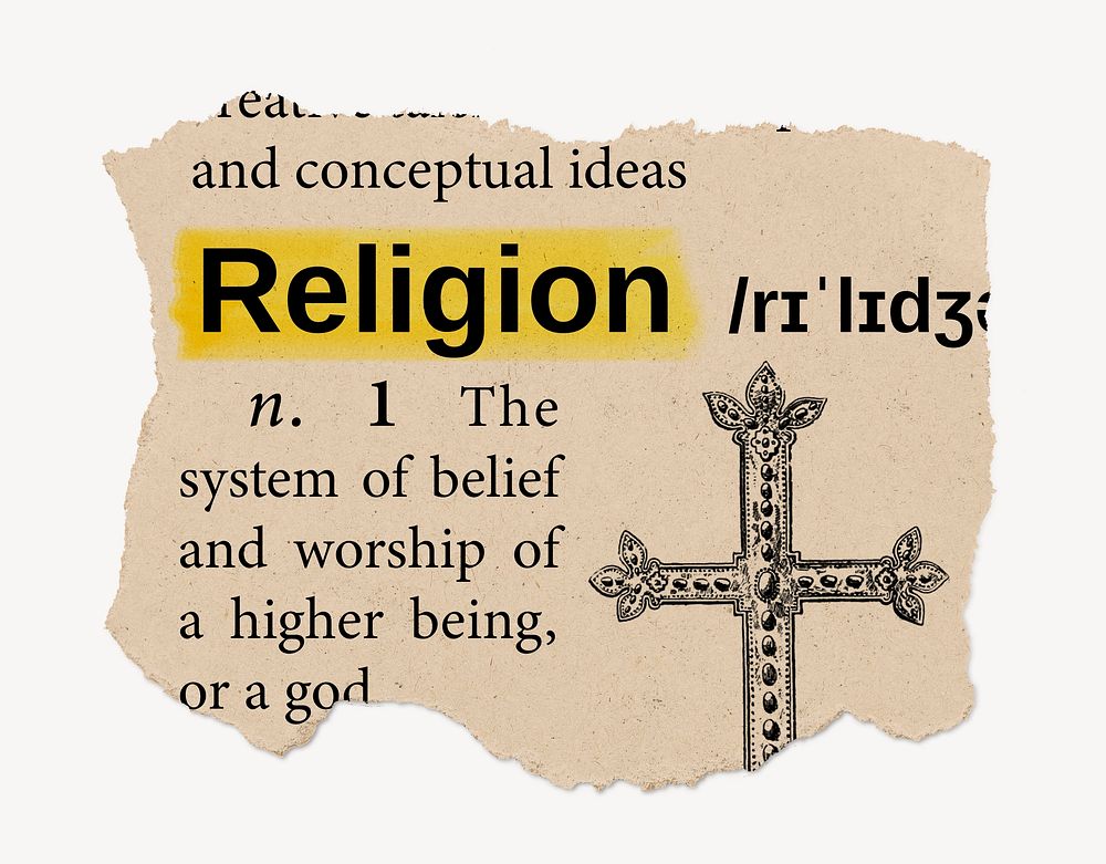 Religion definition, vintage ripped dictionary word