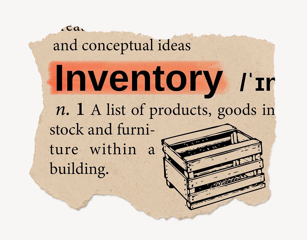 Inventory definition, vintage ripped dictionary word