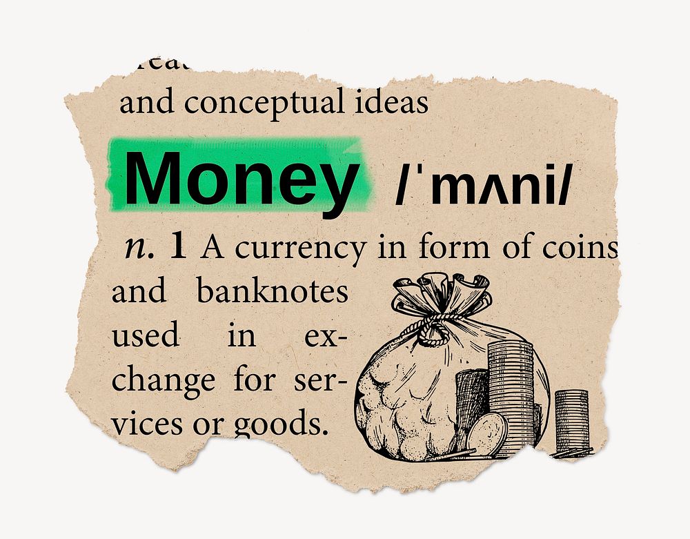 Money definition, vintage ripped dictionary word