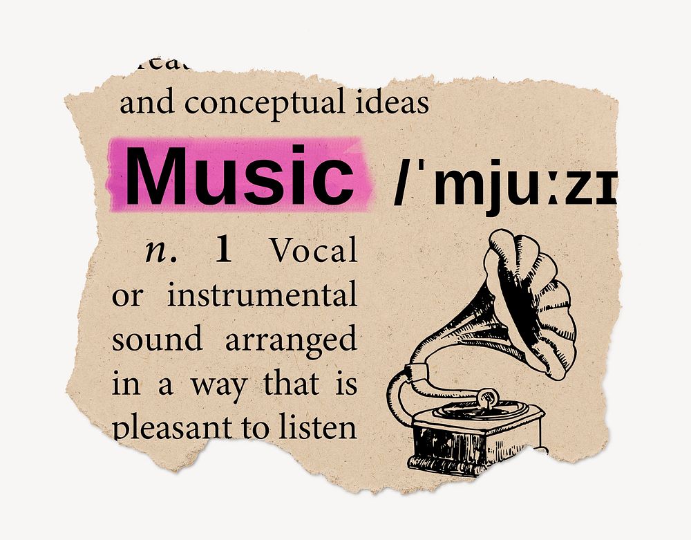 Music definition, vintage ripped dictionary word