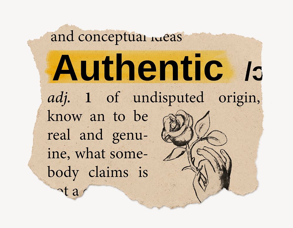 Authentic definition, ripped dictionary word, Ephemera torn paper