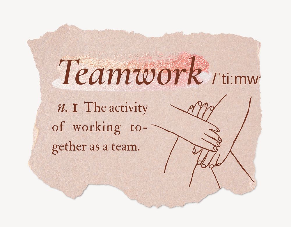 Teamwork definition, ripped dictionary word in pink aesthetic