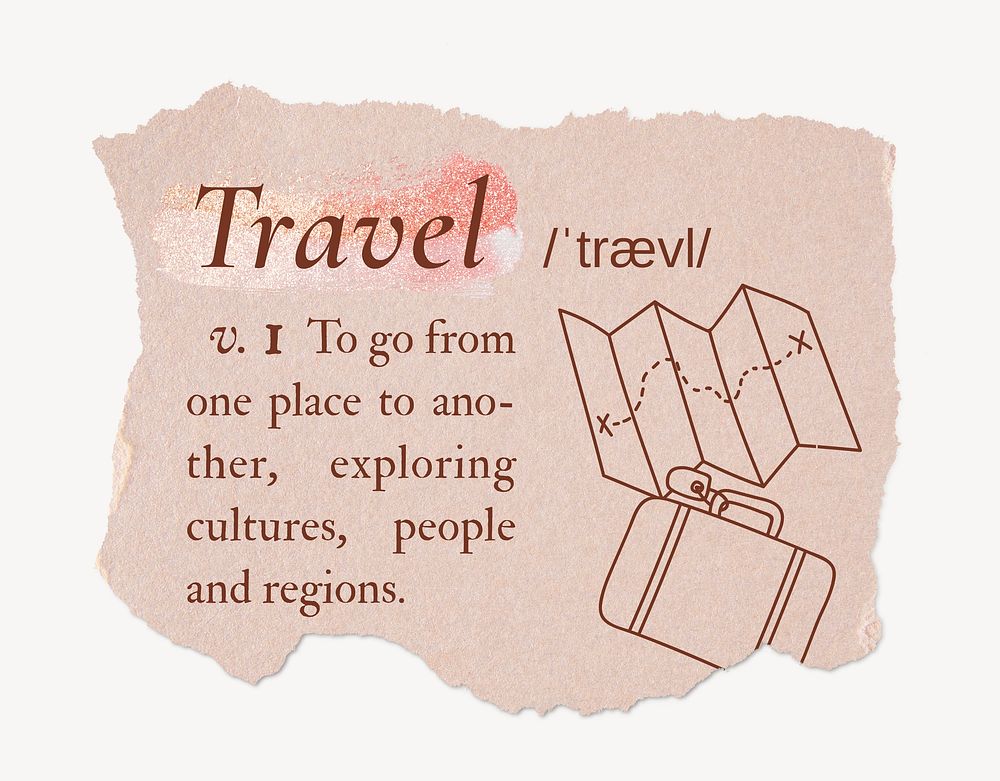Travel definition, ripped dictionary word in pink aesthetic