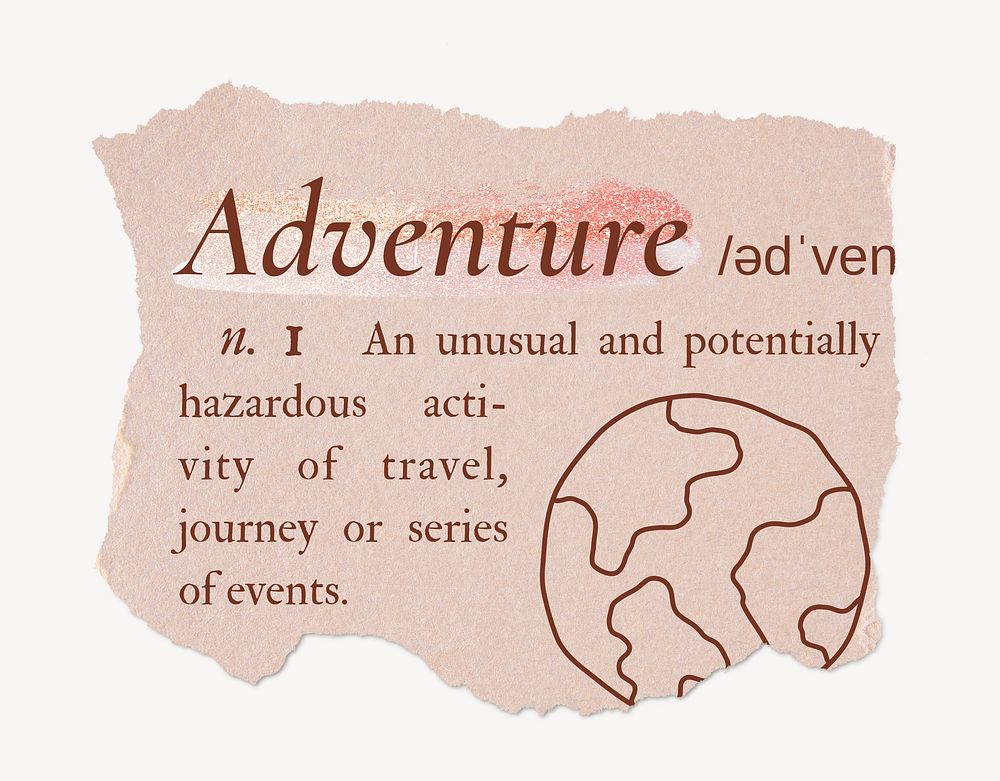 Adventure definition, ripped dictionary word in pink aesthetic