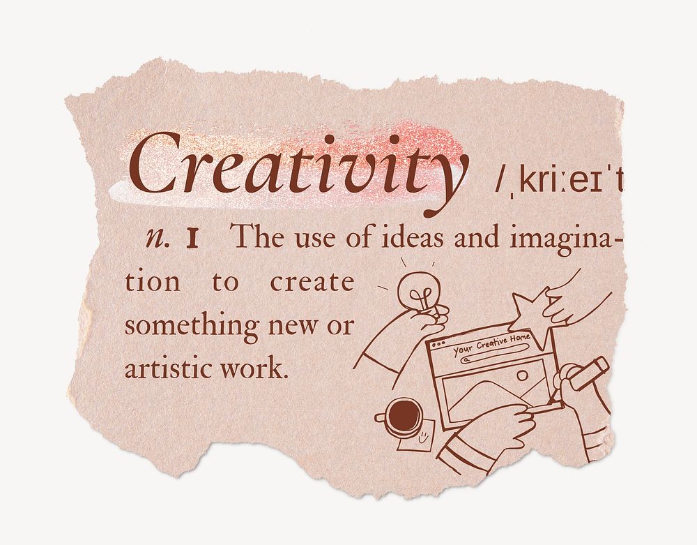 Creativity definition, ripped dictionary word in pink aesthetic