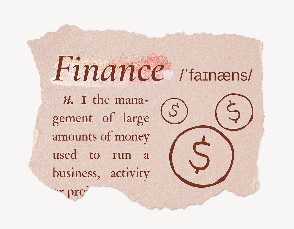 Finance definition, ripped dictionary word in pink aesthetic