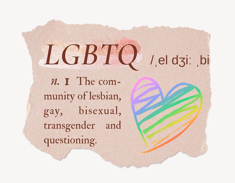 LGBTQ definition, ripped dictionary word in pink aesthetic