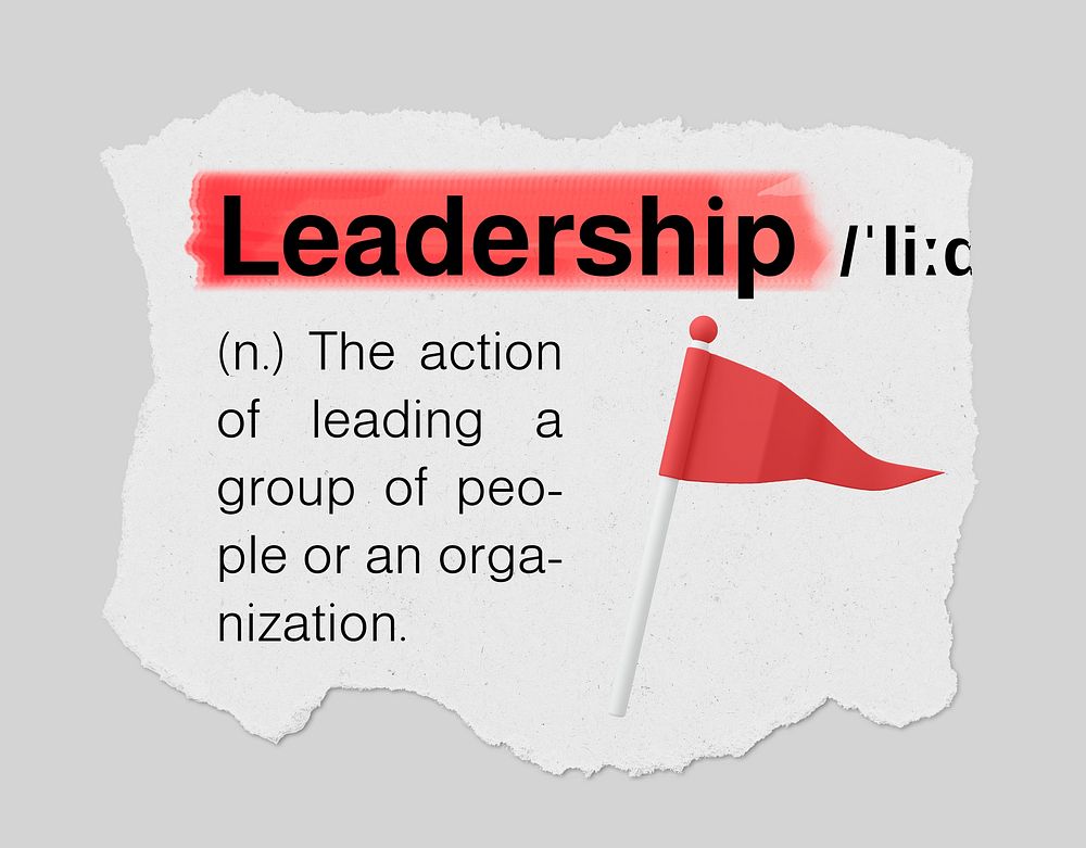 Leadership definition, torn dictionary word, highlighted design