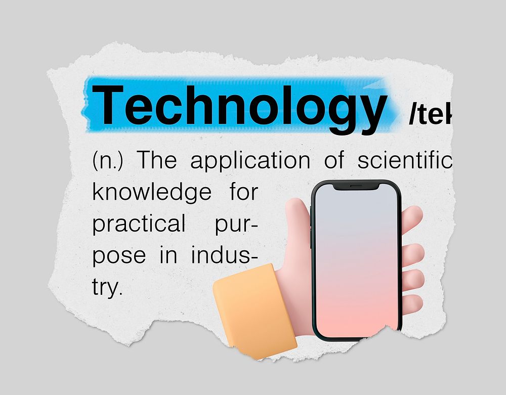 Technology definition, torn dictionary word, highlighted design