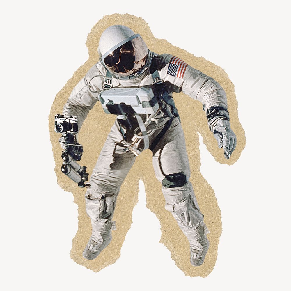 Floating astronaut ripped paper isolated collage element