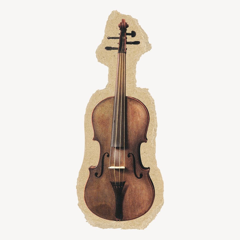 Vintage violin sticker, ripped paper design psd