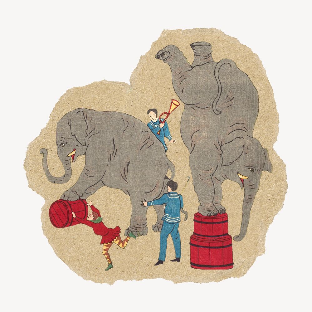 Elephants circus sticker, ripped paper design psd