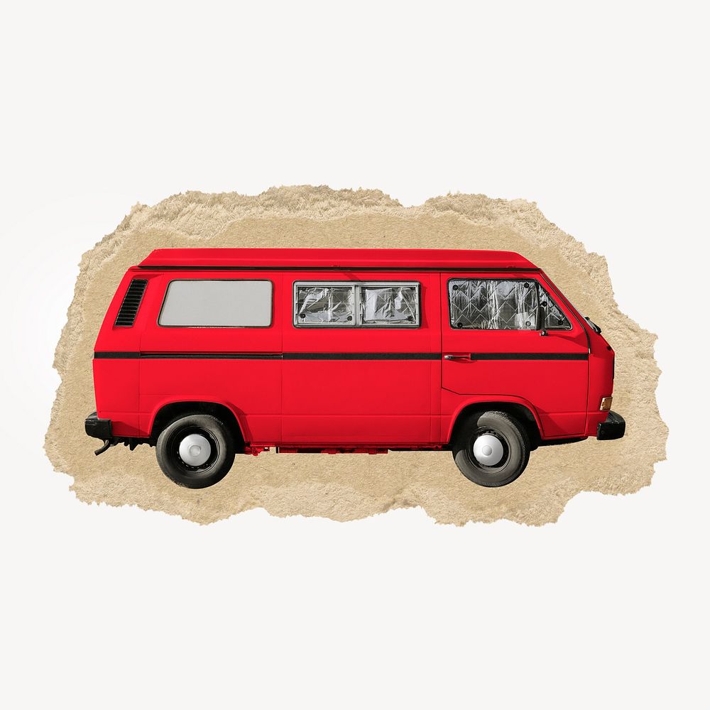 Red minivan ripped paper isolated collage element