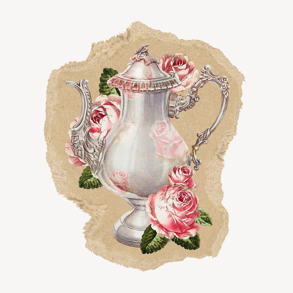 Rose coffee pot sticker, ripped | Free PSD Illustration - rawpixel