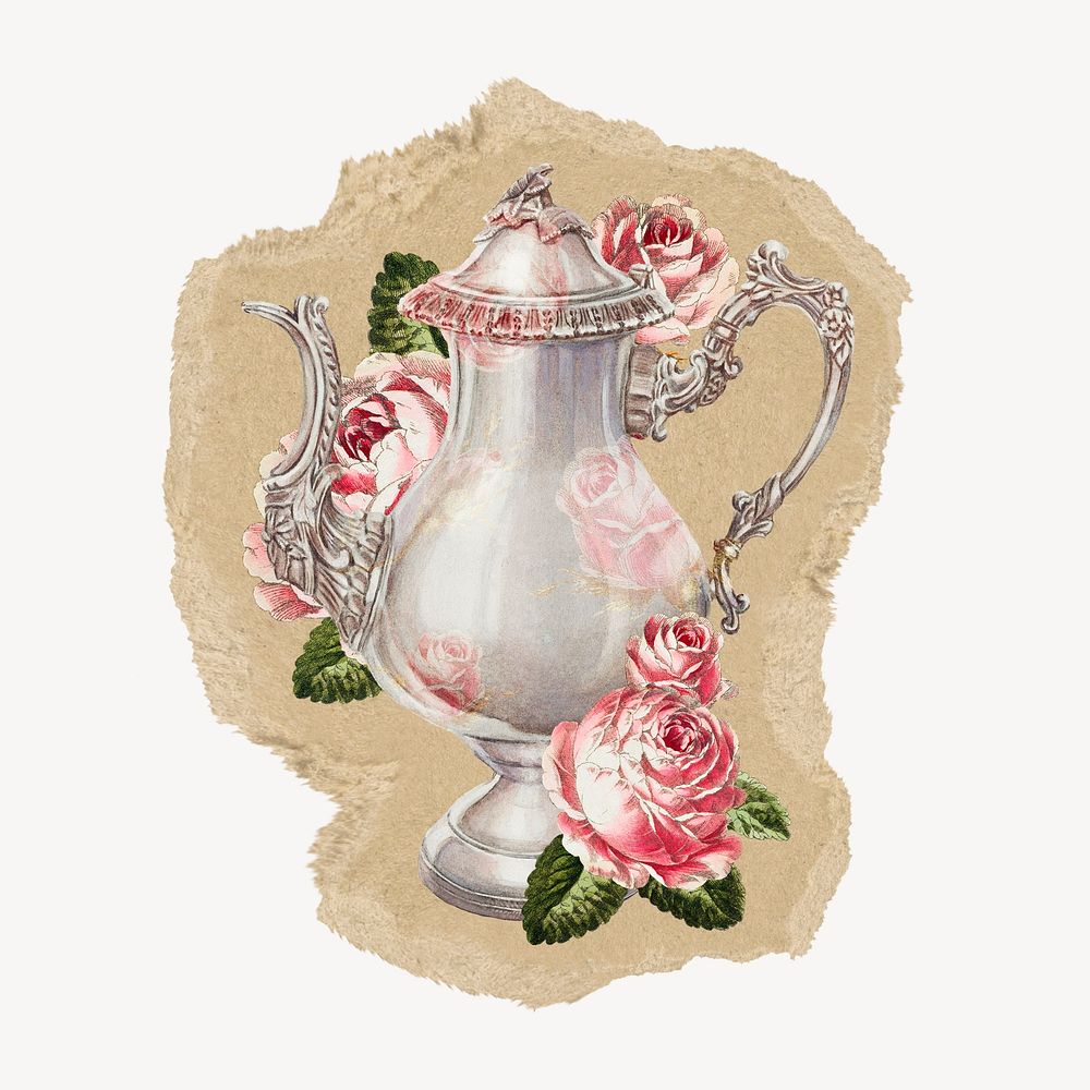 Rose coffee pot ripped paper isolated collage element