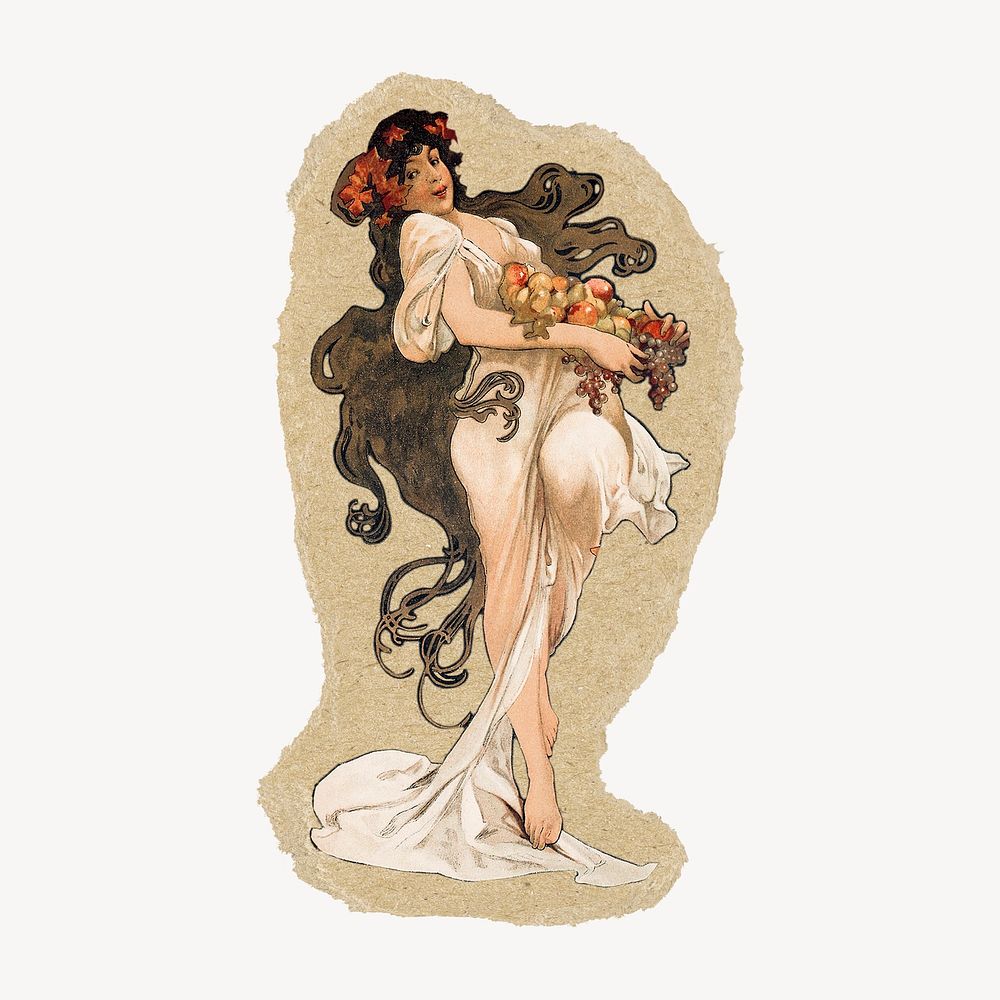 Alphonse Mucha's art nouveau woman sticker, ripped paper design psd, remixed by rawpixel