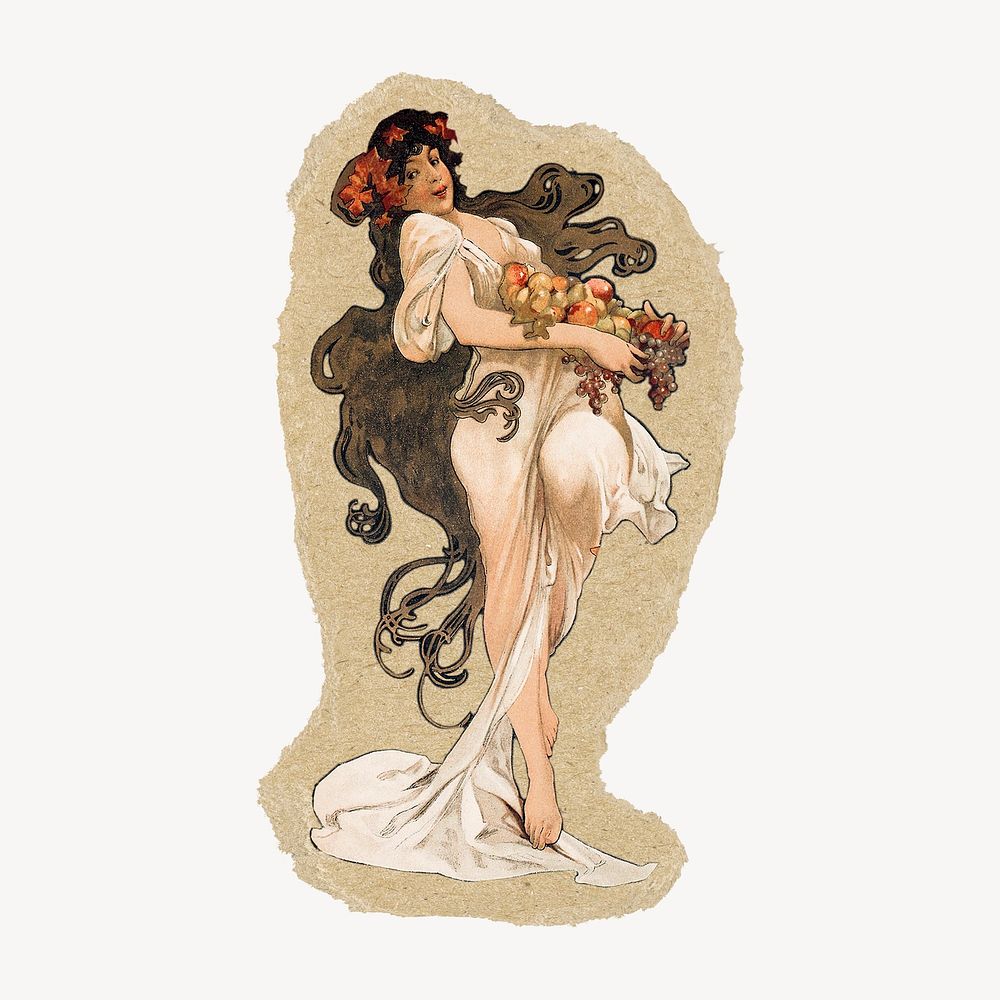 Alphonse Mucha's art nouveau woman ripped paper isolated collage element, remixed by rawpixel