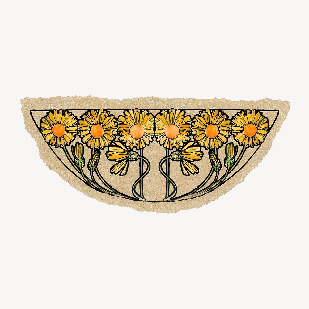 Sunflower bowl sticker, ripped paper design psd