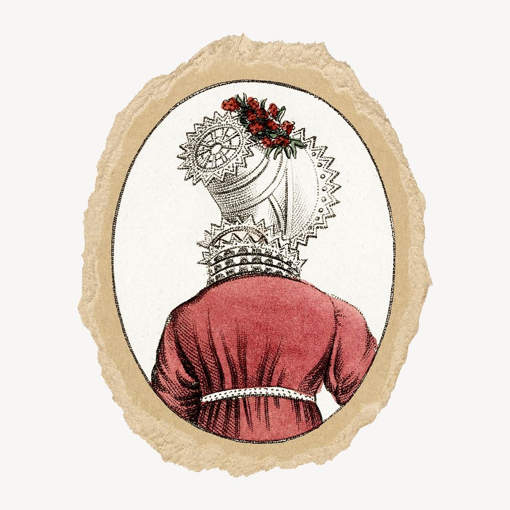 Victorian women's head dress ripped paper isolated collage element