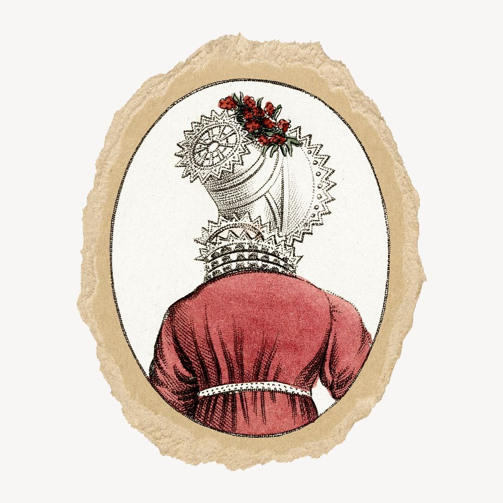 Victorian women's head dress sticker, ripped paper design psd