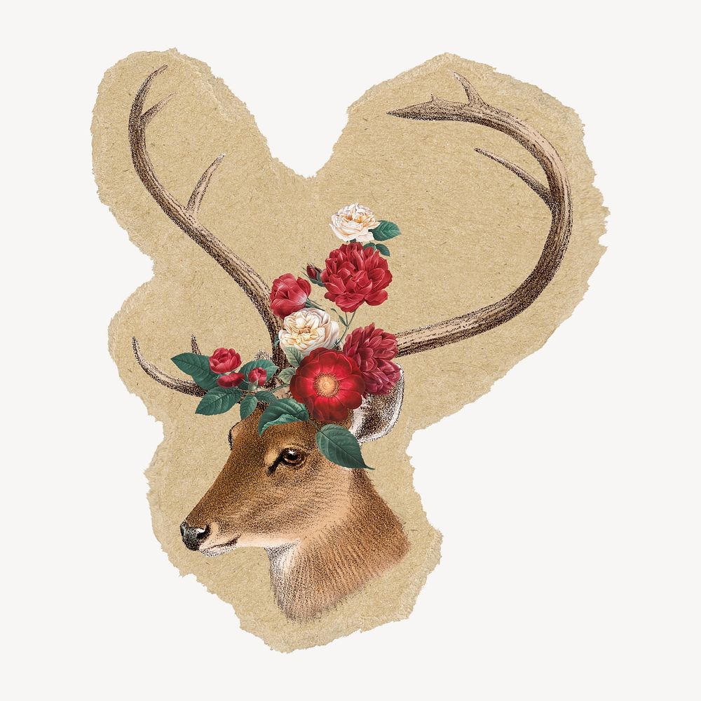 Floral stag, animal ripped paper isolated collage element