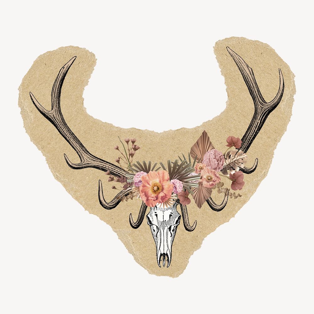 Floral stag skull sticker, ripped paper design psd